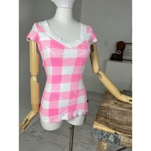 Y2K Outlaw USA Pink‎ Plaid V-neck Top  Size Medium